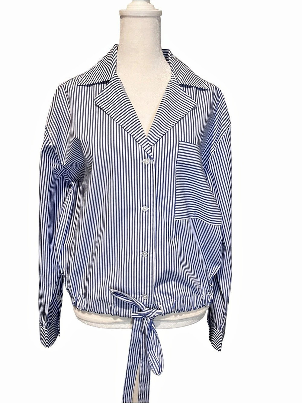 Blue & White Striped Tie-Front Long sleeve shirt crop top